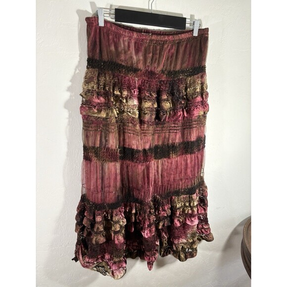Vntage Mina Collection Dresses & Skirts - Vintage Mina Collection Boho Lined Lace Sheer Satin Burgundy Frilly Long Skirt L